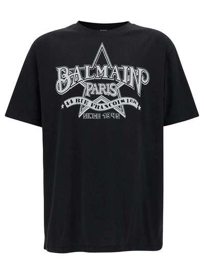 Shop Balmain Black T-shirt With Star Graphic Print In Cotton Man