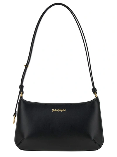 Shop Palm Angels 'lategram' Black Shoulder Bag With Laminated Logo Detail In Leather Woman