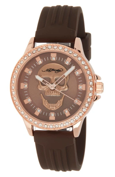 Shop I Touch Crystal Skull Silicone Strap Watch, 38mm X 44mm In Matte Brown