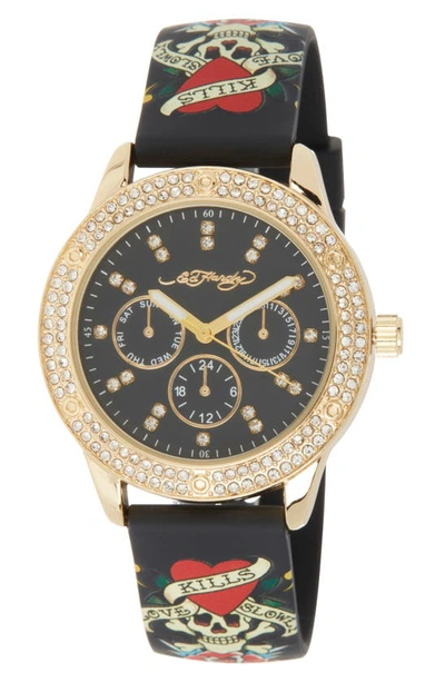 I Touch Ed Hardy Crystal Silicone Strap Watch, 38mm X 44mm In Black Multi
