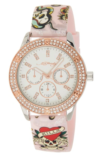 I Touch Ed Hardy Crystal Skull Silicone Strap Watch, 38mm X 44mm In Matte Pink