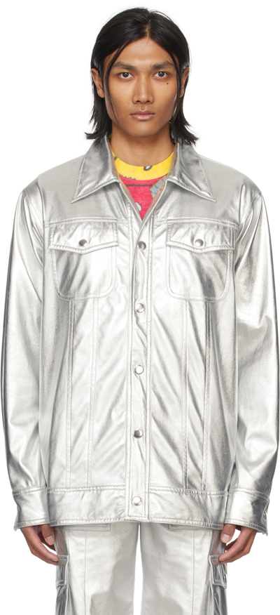 Shop Anna Sui Silver Buttoned Faux-leather Jacket
