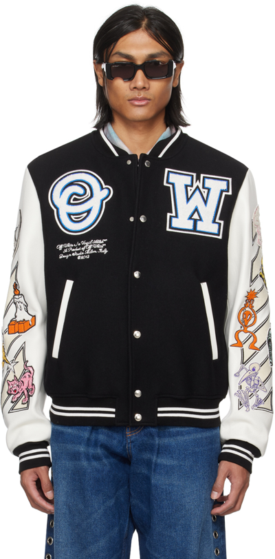 Shop Off-white Black Patch Bomber Jacket In Black/white