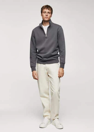 Shop Mango Man Cotton Sweatshirt With Zip Neck Dark Grey