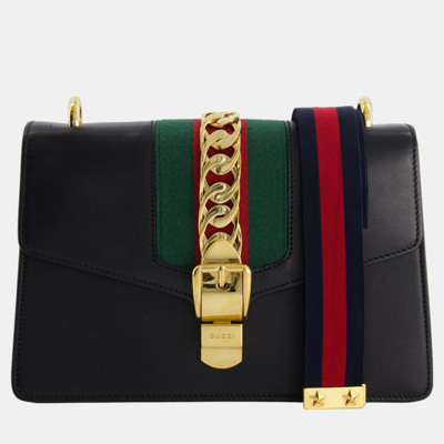 Pre-owned Gucci Black Leather Small Sylvie Bag Canvas With Gold Hardware And Canvas Strap