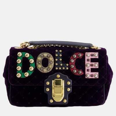 Pre-owned Dolce & Gabbana Purple Velvet Lucia Bag With Embellishments And Gold Hardware