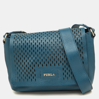 Pre-owned Furla Blue Cut Out Leather Flap Crossbody Bag