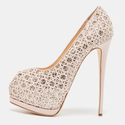 Pre-owned Giuseppe Zanotti Pink Glitter Lace And Leather Sharon Platform Peep Toe Pumps Size 41