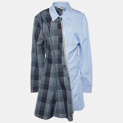 Pre-owned Stella Mccartney Blue Plaid & Striped Mixed-print Asymmetric-zip Oxford Flippy Dress L