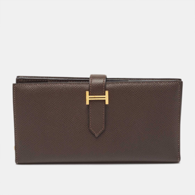 Pre-owned Hermes Hermés Chocolat Epsom Leather Bearn Gusset Wallet In Brown