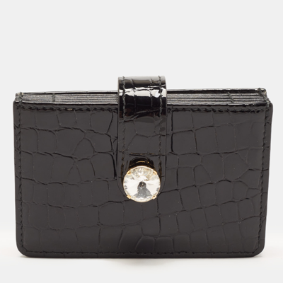 Pre-owned Miu Miu Black Croc Embossed Patent Leather Crystal Embellished Flap Card Case