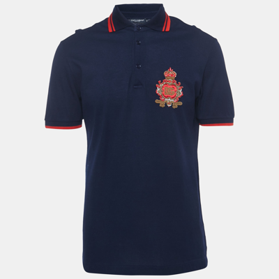 Pre-owned Dolce & Gabbana Navy Blue Cotton Pique Logo Applique Polo T-shirt S