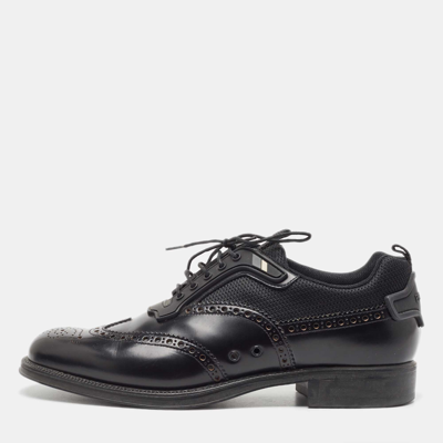 Pre-owned Prada Black Brogue Leather And Mesh Lace Up Oxford Size 41