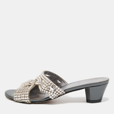Pre-owned Gina Silver/grey Crystal Embellished Leather Slide Sandals Size 36.5