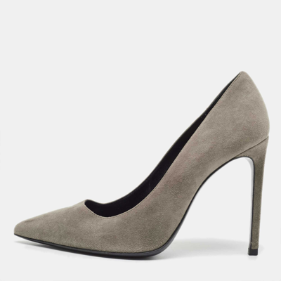 Pre-owned Saint Laurent Grey Suede Anja Pointed Toe Pumps Size 38