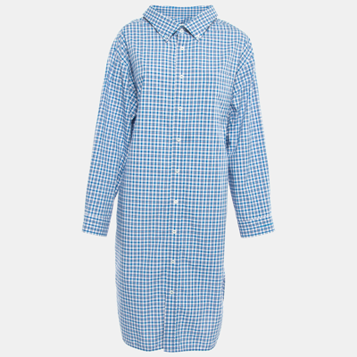 Pre-owned Balenciaga Blue Plaid Cotton Button Down Oversized Shirt Dress M