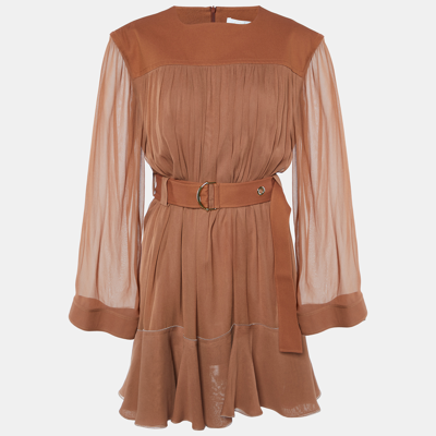 Pre-owned Chloé Brown Crepe & Chiffon Belted Mini Dress L