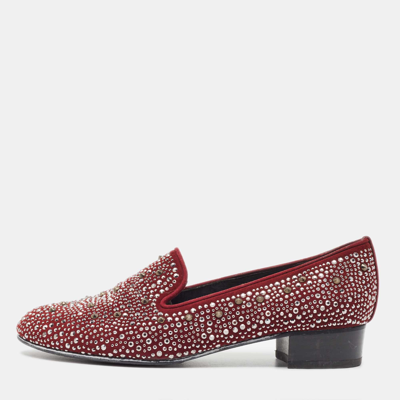 Pre-owned Stuart Weitzman Burgundy Suede Crystal Embellished Studded Smoking Slippers Size 37.5