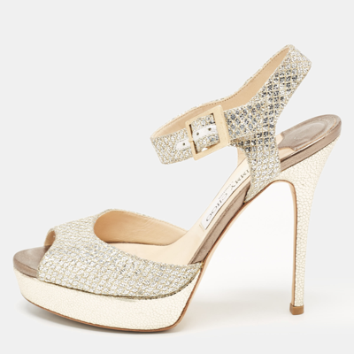Pre-owned Jimmy Choo Silver/gold Glitter And Leather Platform Ankle Strap Sandals Size 38.5 In Metallic