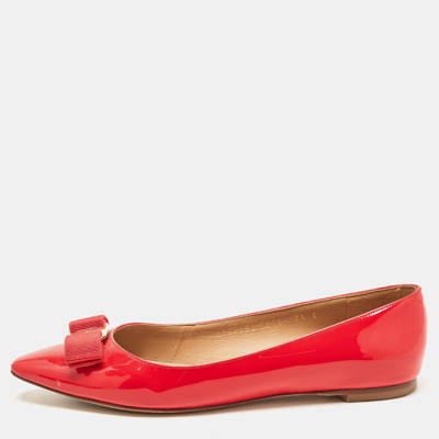 Pre-owned Ferragamo Red Patent Leather Zeri Pointed Toe Ballet Flats Size 38