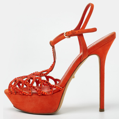 Pre-owned Sergio Rossi Orange Suede And Crystal Embellished Strappy Scalloped Platform Sandals Size 38.5