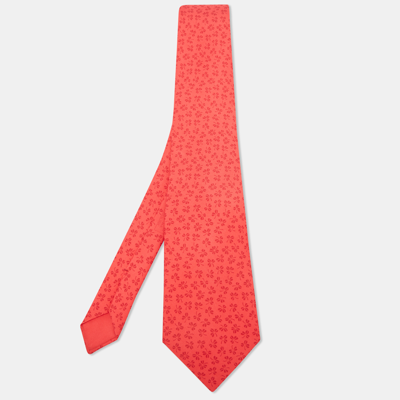 Pre-owned Hermes Red Clover Leaf Print Silk Traditional Tie