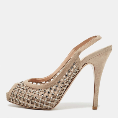 Pre-owned Valentino Garavani Beige Crystal Embellished Suede And Mesh Peep Toe Slingback Pumps Size 36.5