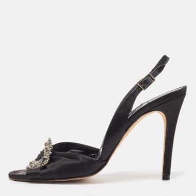 Pre-owned Gina Black Satin Crystal Embellished Slingback Sandals Size 38.5