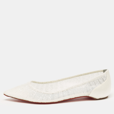 Pre-owned Christian Louboutin White Glitter Tulle Fabric And Satin Kate Ballet Flats Size 36.5