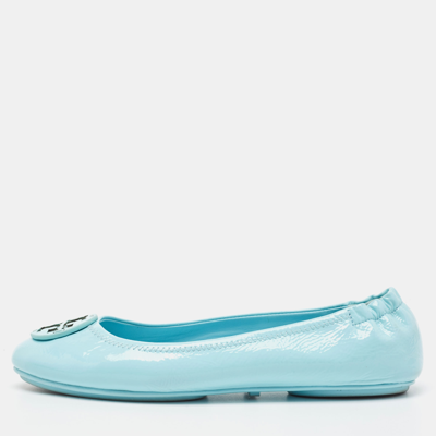 Pre-owned Tory Burch Blue Patent Leather Minnie Travel Ballet Flats Size 39