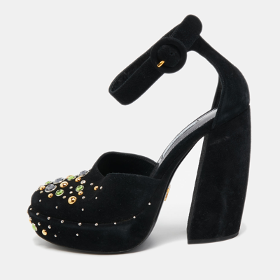 Pre-owned Prada Black Suede Crystal Embellished Ankle Strap Pumps Size 38.5