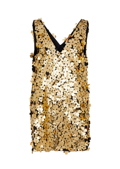 Shop Stine Goya Elena Floral-appliquéd Satin Mini Dress In Gold