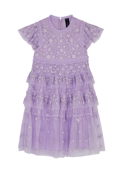 Shop Needle & Thread Kids Angelica Floral-embroidered Tulle Dress In Purple