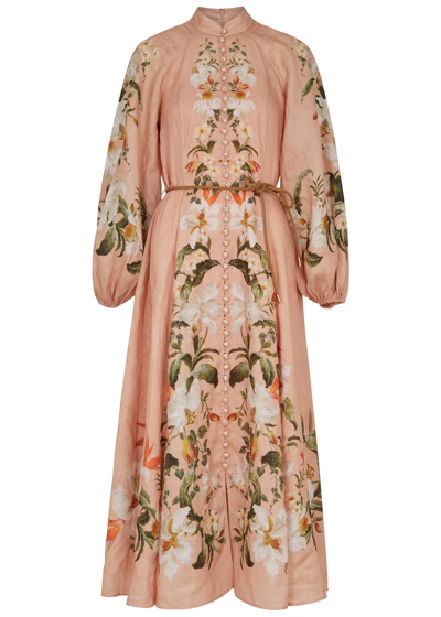 Shop Zimmermann Lexi Billow Floral-print Linen Midi Dress In Pink