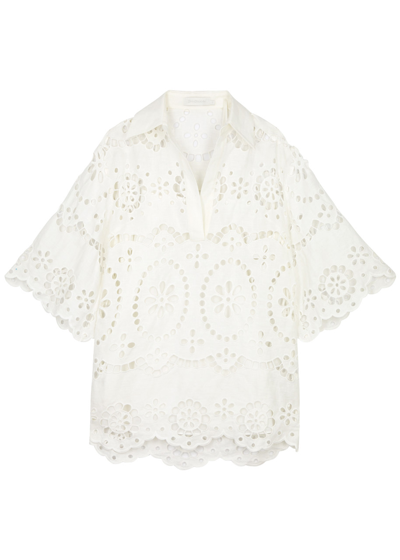 Shop Zimmermann Lexi Embroidered Cut-out Linen Tunic In Ivory