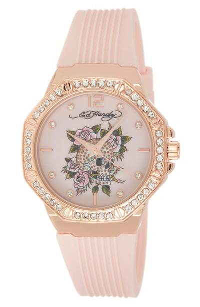 I Touch Ed Hardy Crystal Skull Dial Silicone Strap Watch, 38mm X 44mm In Matte Blush