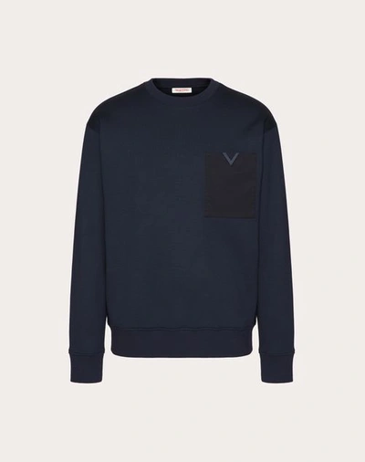 Shop Valentino Technical Cotton Crewneck Sweatshirt With Rubberised V Detail In Navy