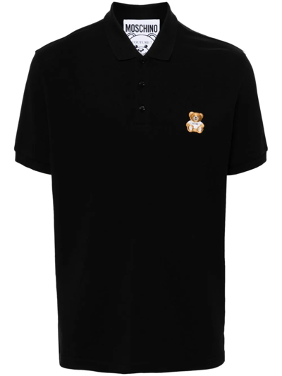 Shop Moschino Polo Shirt With Teddy Embroidery In Black