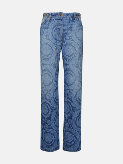 Shop Versace 'barocco' Blue Cotton Jeans