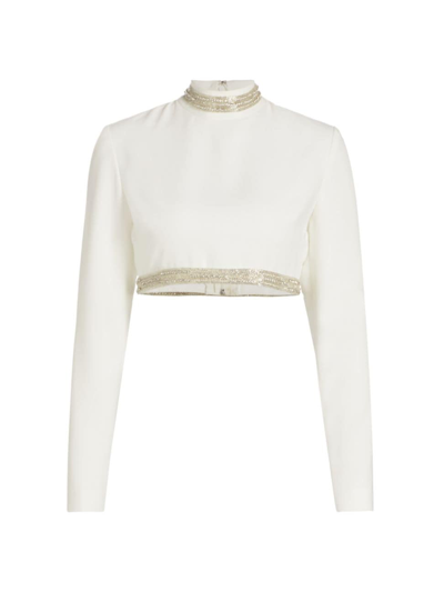 Shop Reem Acra Women's Beaded-trim Crepe Crop Top In White