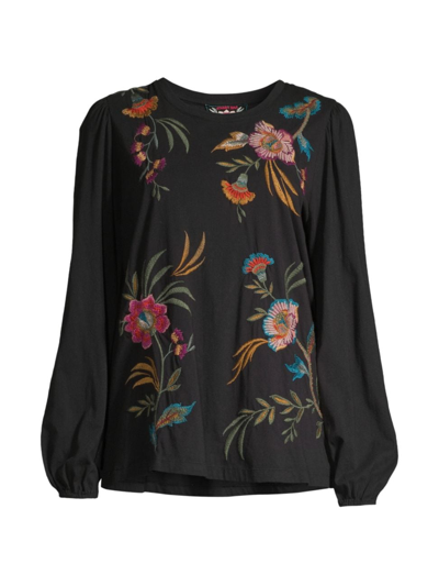 Shop Johnny Was Women's Sidonia Floral-embroidered Cotton Top In Black