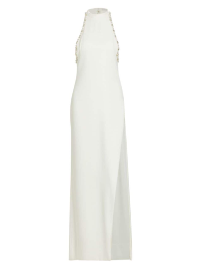 Shop Reem Acra Women's Beaded-trim Crepe Halter Gown In White