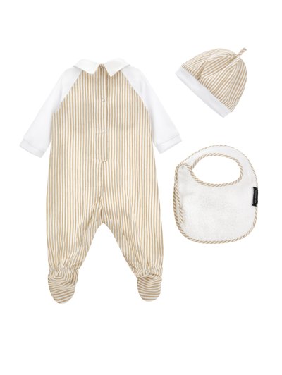 Monnalisa Striped Three-piece Set In White + Ecru