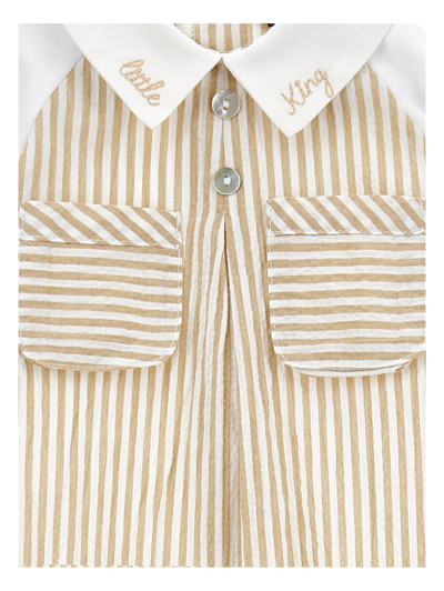 Monnalisa Striped Three-piece Set In White + Ecru