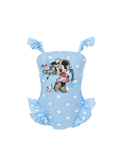 Monnalisa Minnie Stretch One-piece Swimsuit In Light Blue + White