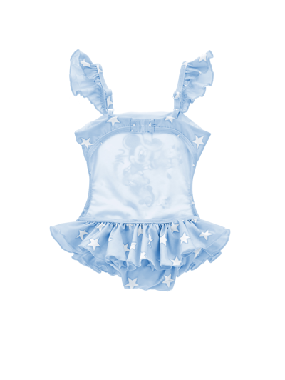 Monnalisa Minnie Stretch One-piece Swimsuit In Light Blue + White