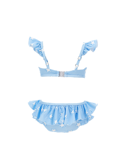 Monnalisa Minnie Stretch One-piece Swimsuit In Light Blue + White
