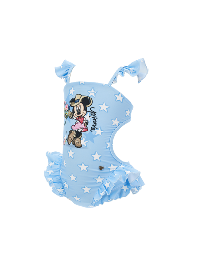 Monnalisa Minnie Stretch One-piece Swimsuit In Light Blue + White