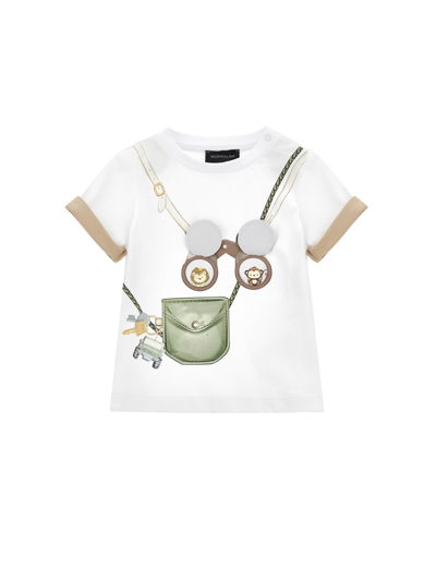 Monnalisa T-shirt With Rolled Up Sleeves In White + Ecru