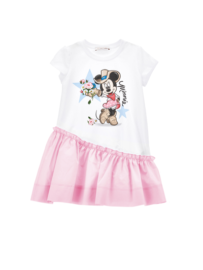 Monnalisa Minnie Cotton Dress In White + Rosa Fairytale